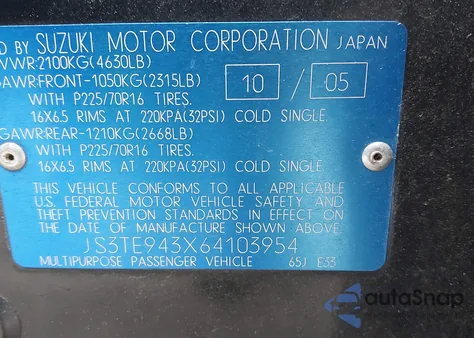 2006 Suzuki Grand Vitara Premium z USA, uszkodzony, nr VIN JS3TE943X64103954